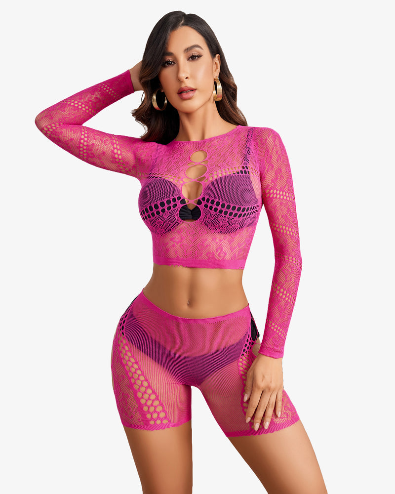 Magenta fishnet two-piece lingerie set with cutout bra, long sleeves, and high-rise shorts