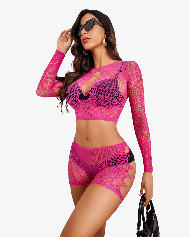 Hot pink fishnet two-piece lingerie set with cutout bra, long sleeves, and high-rise shorts
