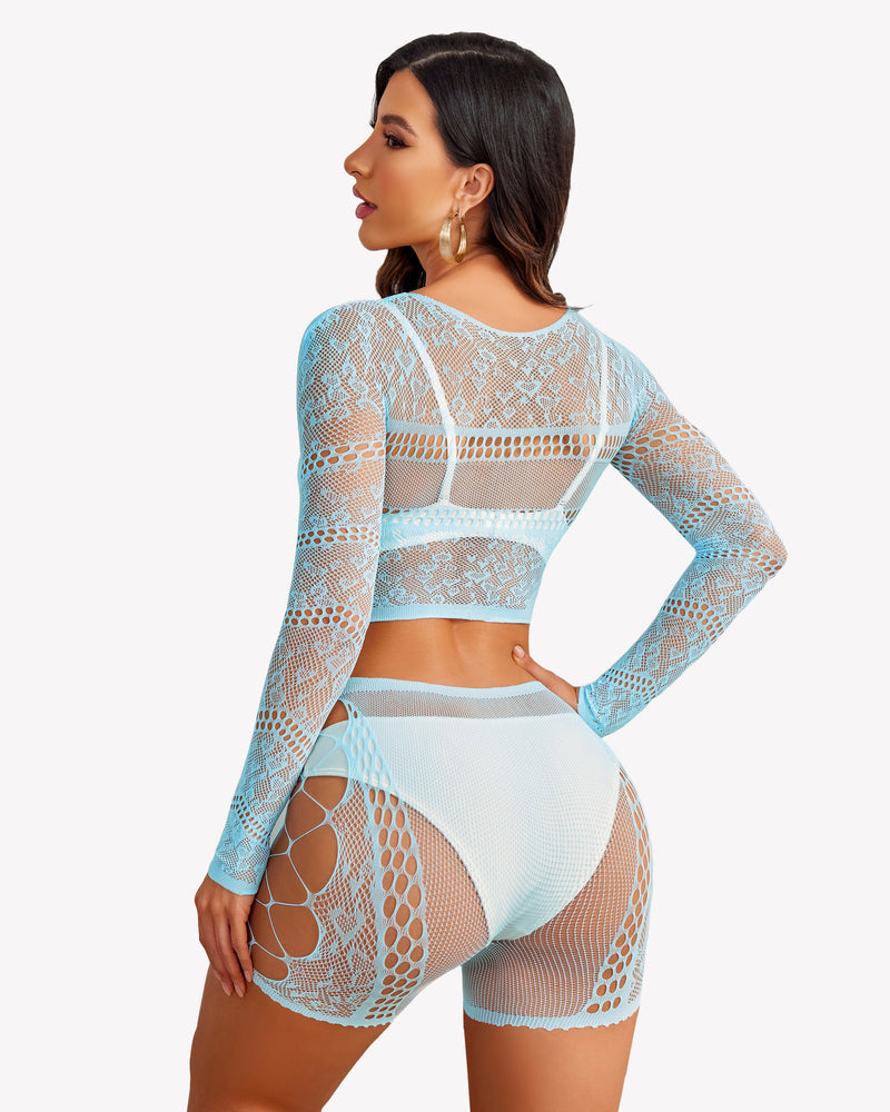Fishnet two-piece lingerie set, light blue long-sleeve crop top and high-waist shorts