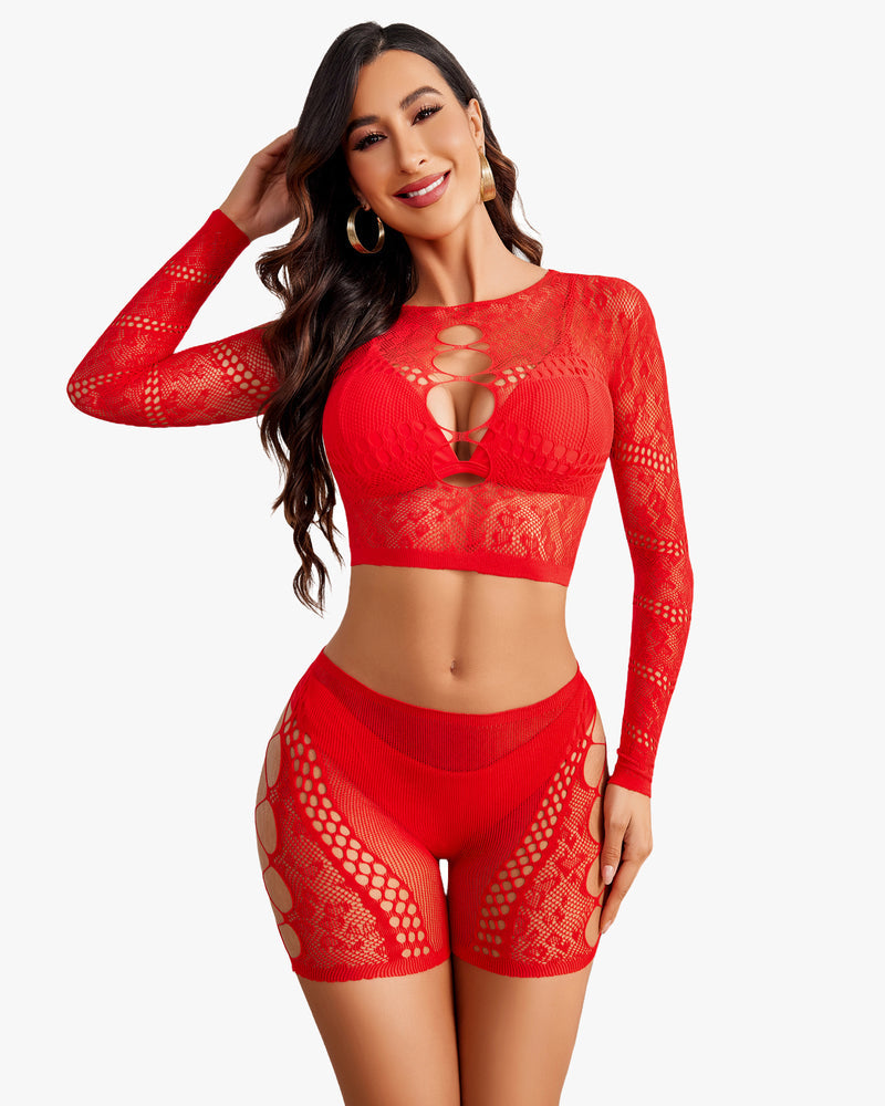 Fishnet two-piece lingerie set, red long-sleeve crop top with front cutout and shorts