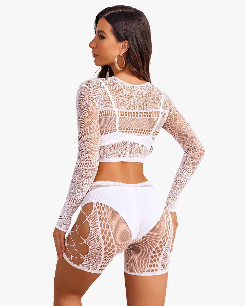 White fishnet two-piece lingerie set, long-sleeve crop top and high-cut shorts