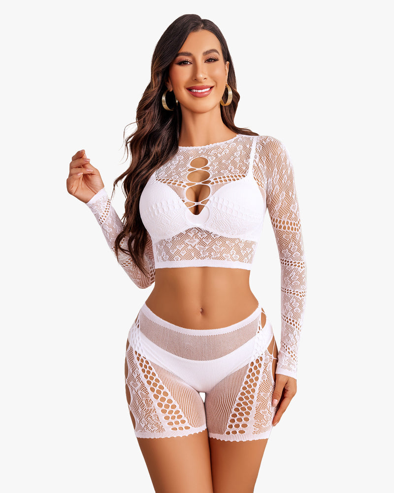 White fishnet two-piece lingerie set with long sleeves: crop top and matching shorts
