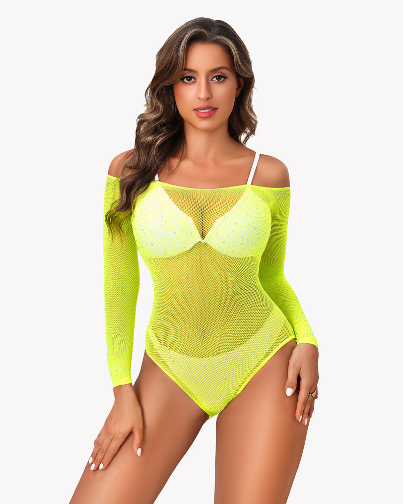 Lemon green rhinestone fishnet bodysuit with off-shoulder neckline and long sleeves