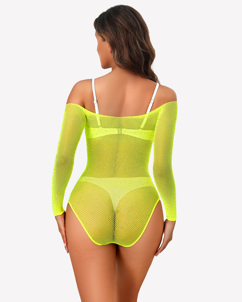 Lemon green fishnet rhinestone bodysuit with open-back style and long sleeves