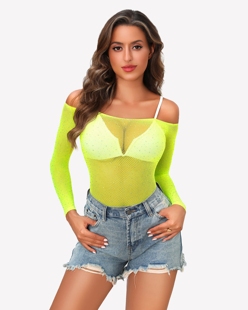 Lemon green rhinestone fishnet bodysuit with long sleeves and V-cut front