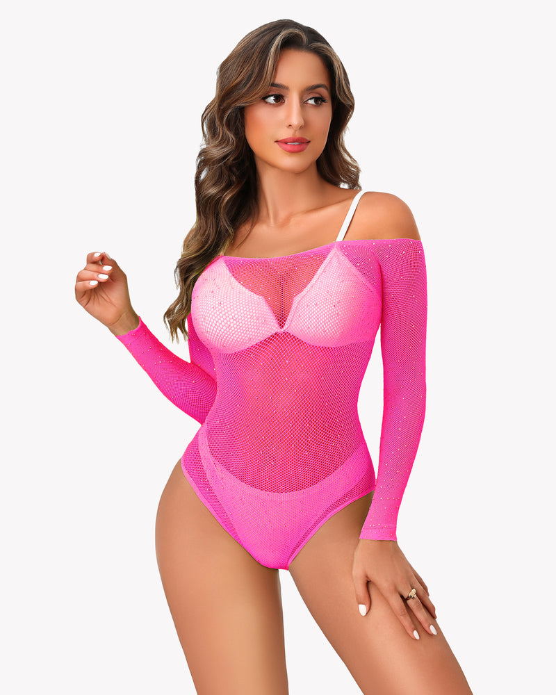 Pink rhinestone fishnet long-sleeve bodysuit with strappy neckline
