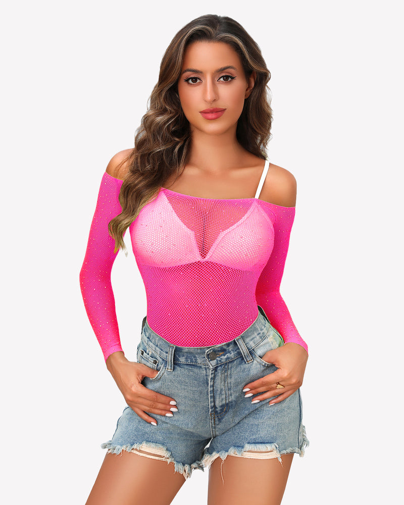 Pink rhinestone fishnet long-sleeve bodysuit with thin straps