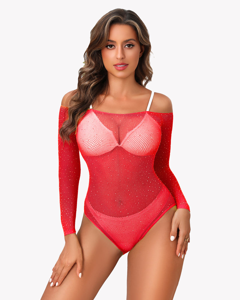 Red rhinestone fishnet long-sleeve bodysuit with off-shoulder top