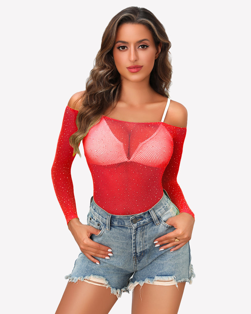 Rhinestone fishnet bodysuit, red, scoop neckline, off-shoulder long sleeves
