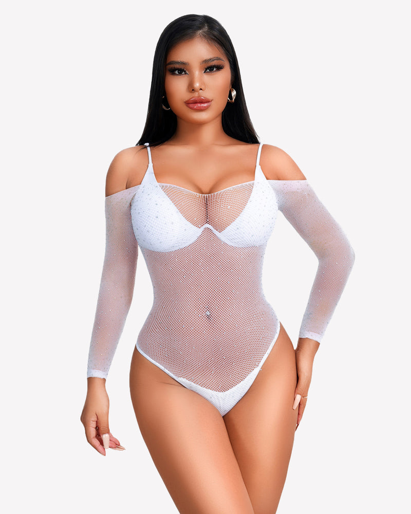 Rhinestone fishnet bodysuit, white, long sleeves, underwire-style bust