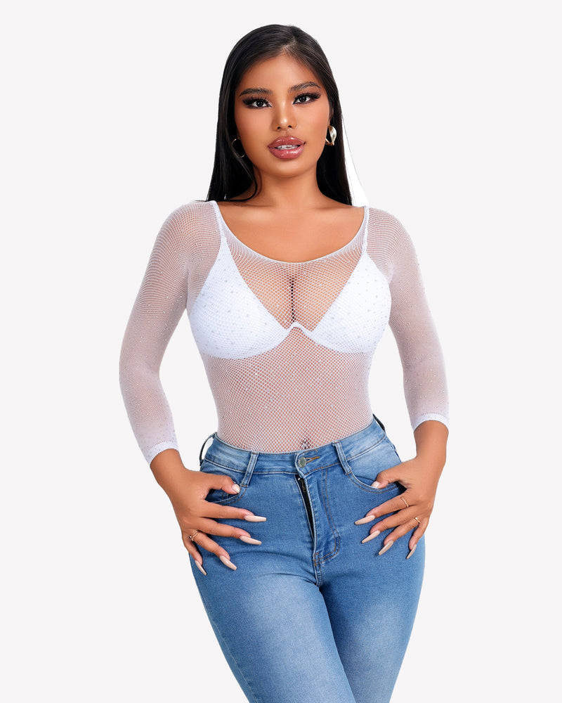 Rhinestone fishnet bodysuit, white, long sleeves, scoop neckline