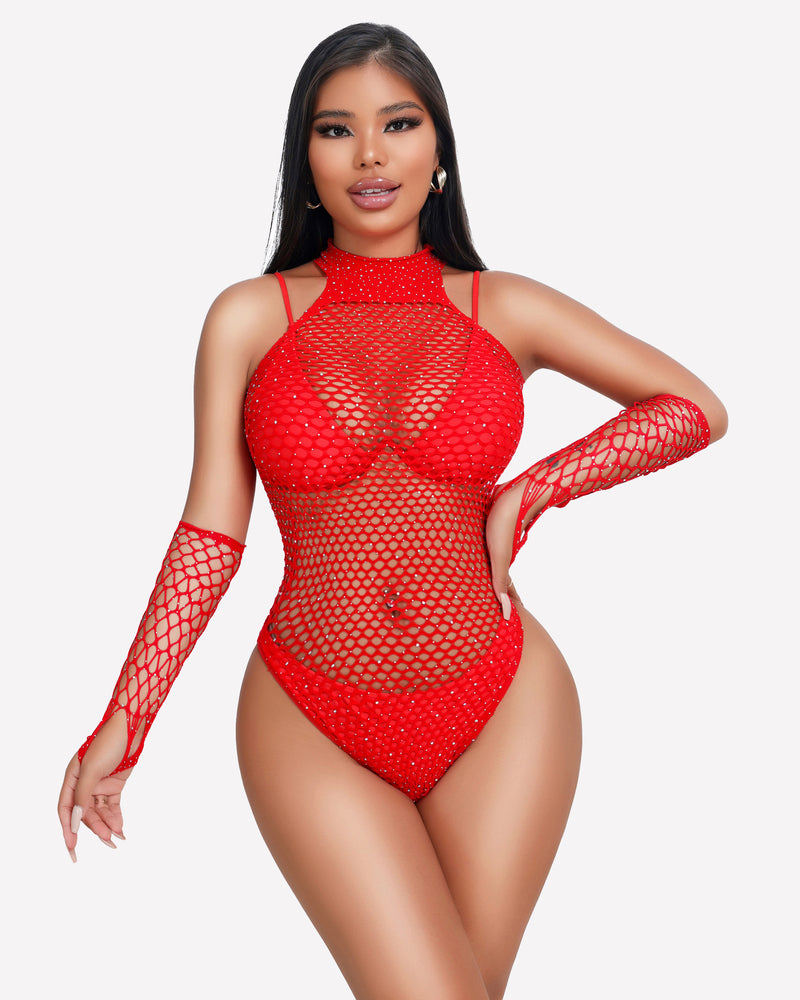 Red fishnet bodysuit with rhinestone sparkle, high neck, long sleeve arm warmers