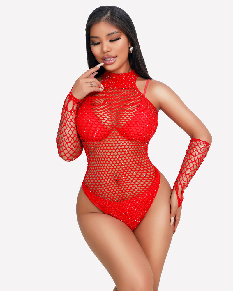 Red fishnet bodysuit with rhinestone shimmer, high neck and sleek one-piece thong fit