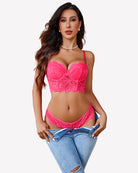 Pink lace corset bra and matching panty set with underwire cups and low-rise lace brief