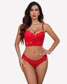 Corset bra and panty set, red lace balconette bra with lace front matching briefs.
