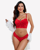 Red lace corset bra and panty set, underwire cups with scalloped lace trim