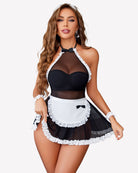 Black lace halter teddy dress with white apron front, bow detail, layered short skirt