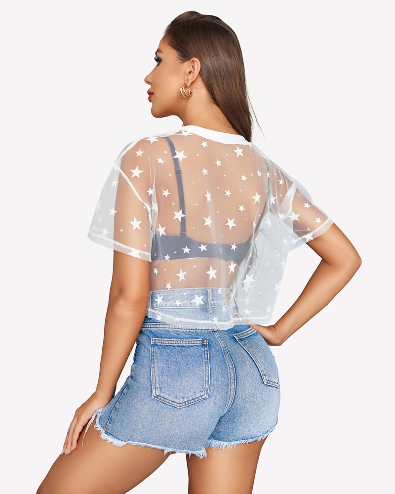 Back view of white mesh see-through crop top with star print and short sleeves