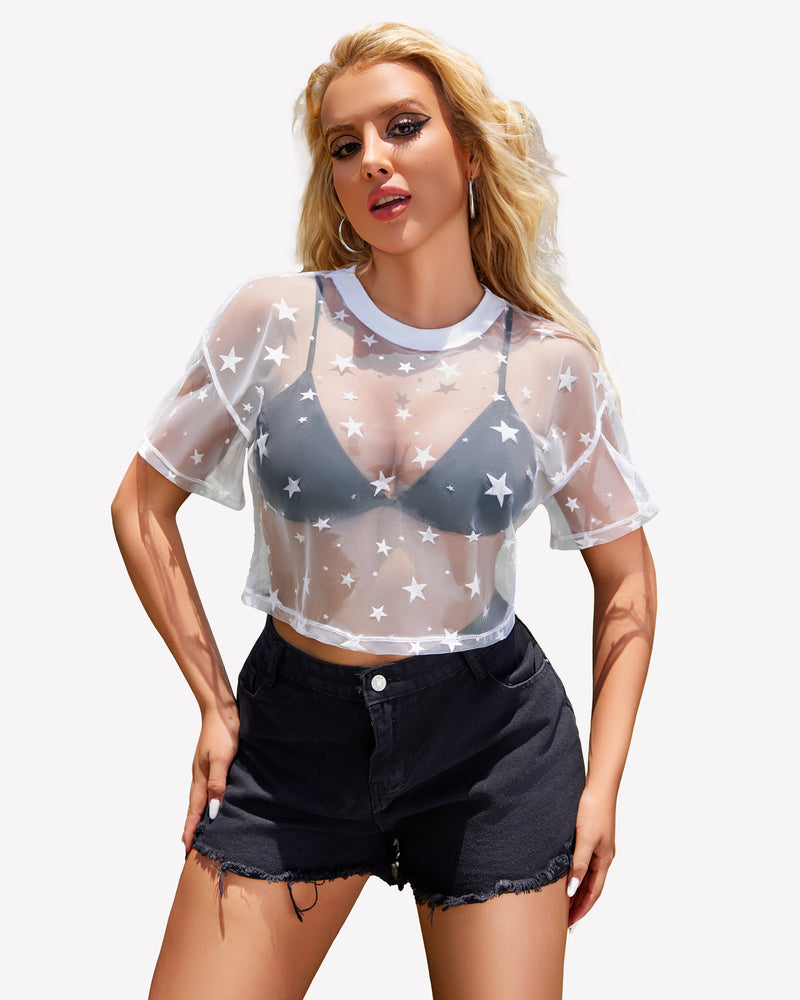 White mesh see-through star print crop top with short sleeves and crew neck