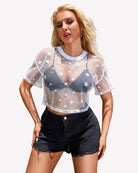White mesh see-through star print crop top with short sleeves and crew neck