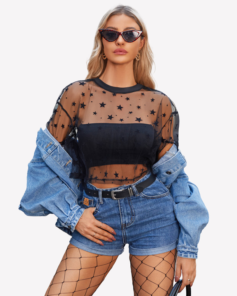 Black mesh see-through crop top with star pattern and short sleeves