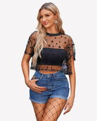 Black star mesh see-through crop top with short sleeves and round neckline