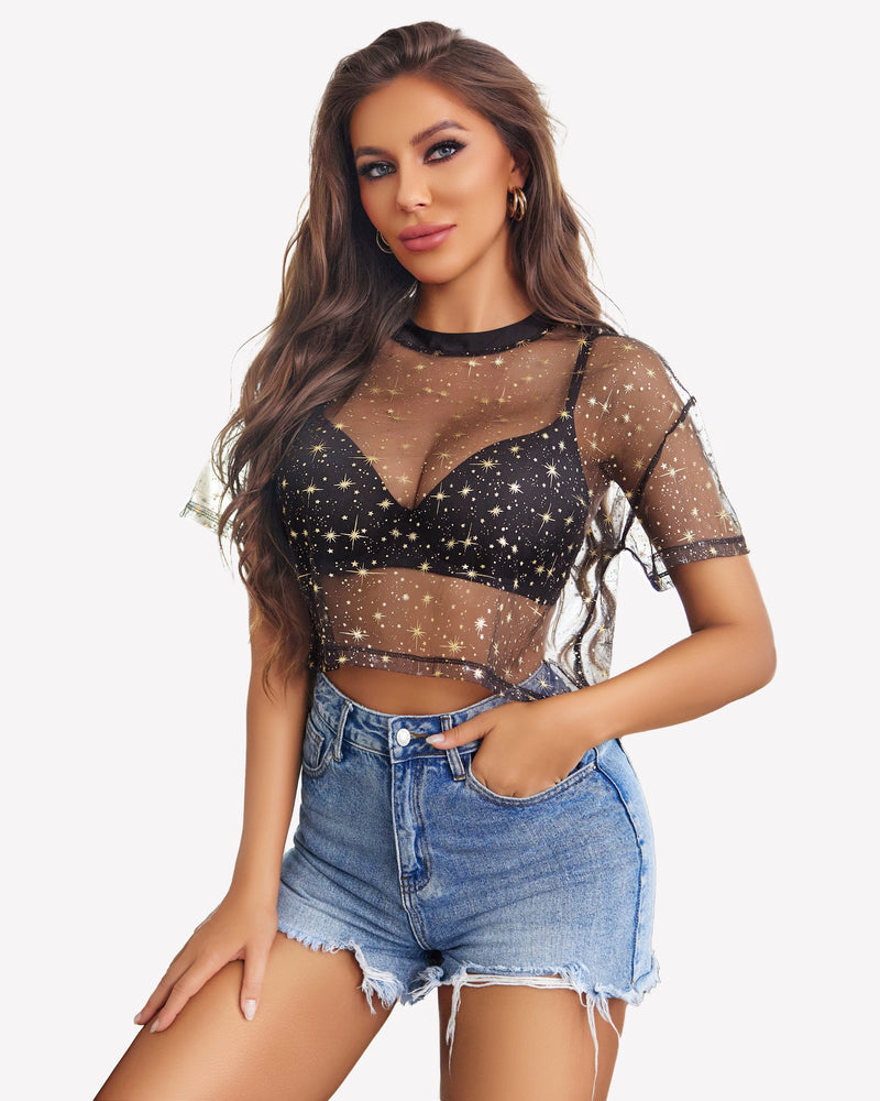 Black sheer mesh crop top with gold star print, V neckline, short sleeves