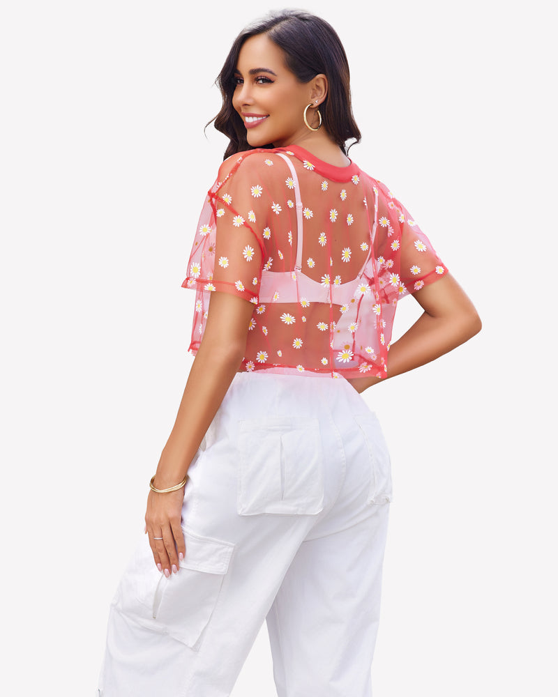 Pink sheer mesh crop top with daisy print, back view, short sleeves