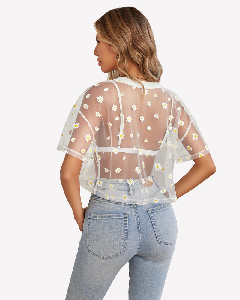 Sheer white mesh crop top with daisy print and scalloped hem