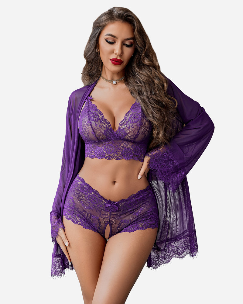 Purple lace bra and lace panty set with sheer kimono robe