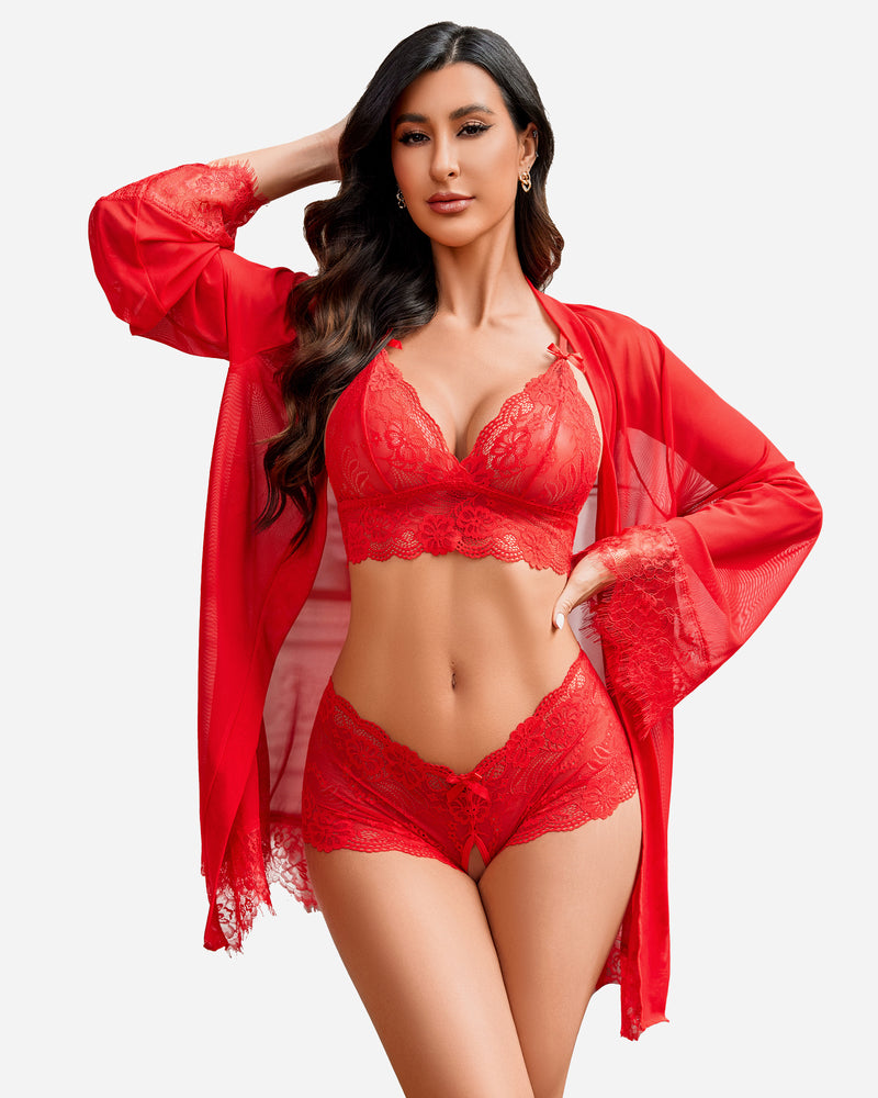 Red lace kimono robe set with matching lace bra and panty