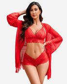 Red lace kimono robe set with matching lace bra and panty