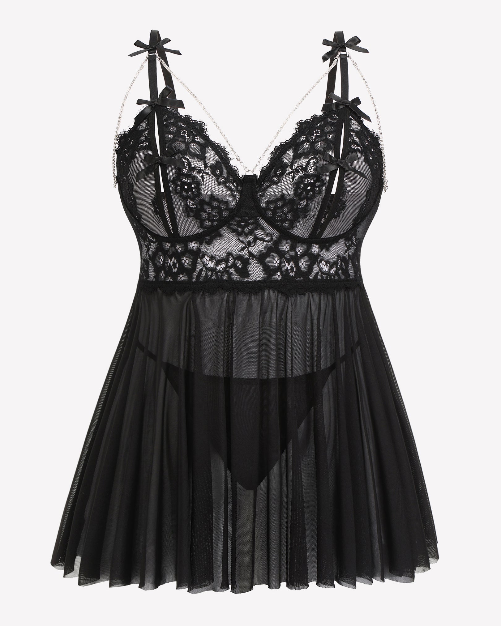 Black lace babydoll nighty front view with lace cups and sheer pleated skirt