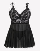 Black lace babydoll nighty front view with lace cups and sheer pleated skirt