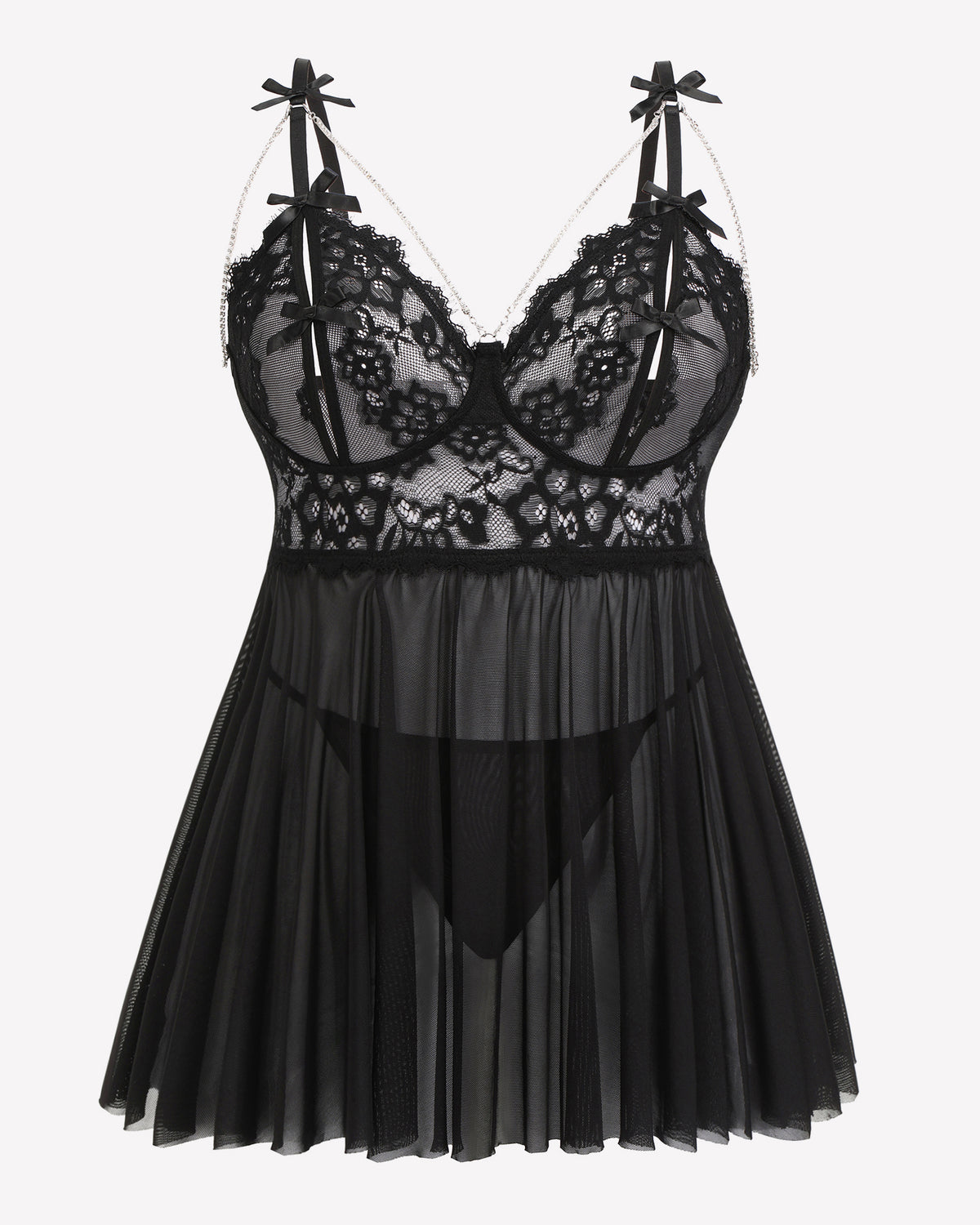 Black lace babydoll nighty front view with lace cups and sheer pleated skirt