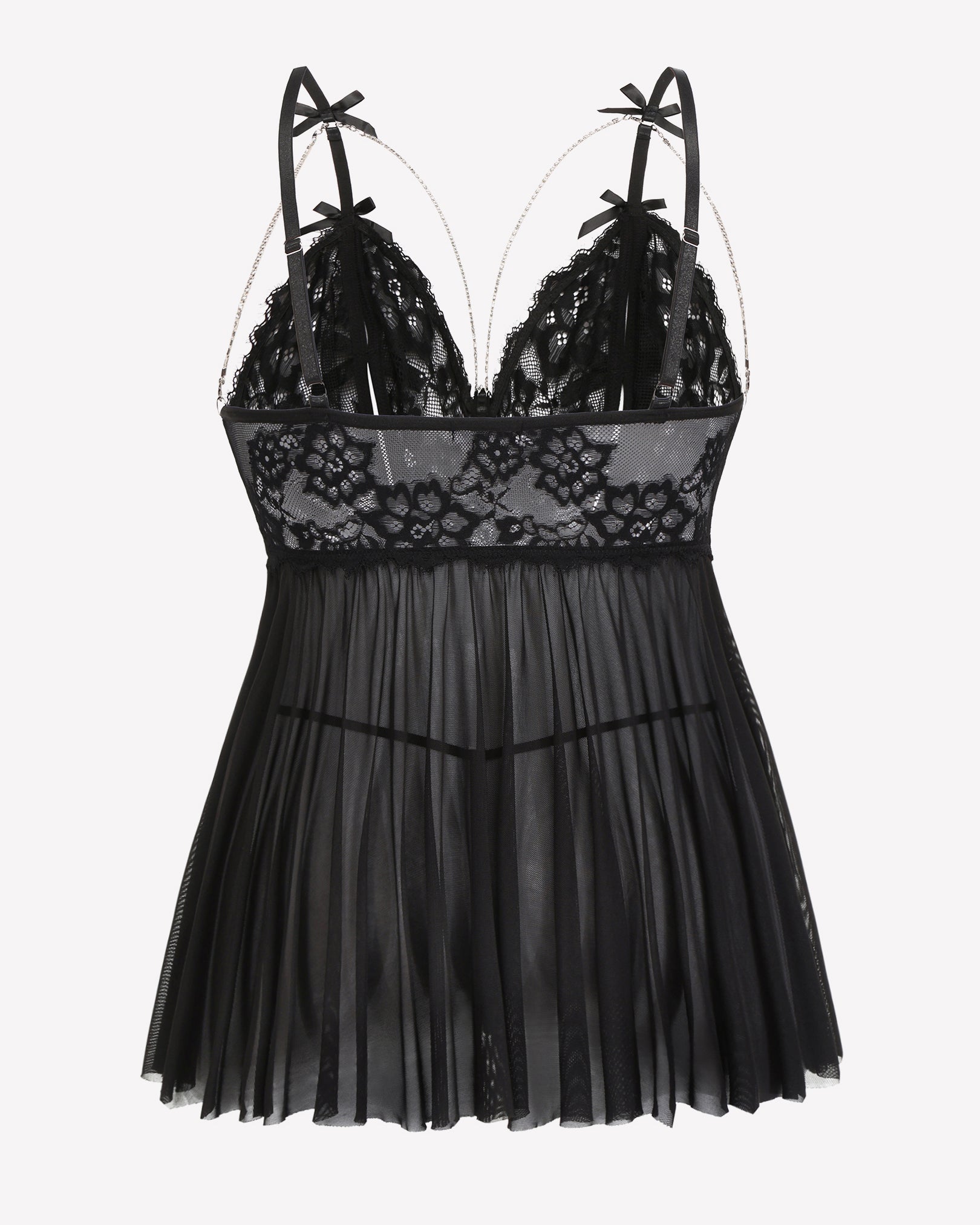 Black lace babydoll nighty lace bodice and bow straps with pleated sheer skirt