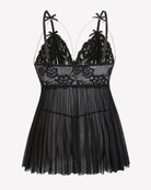 Black lace babydoll nighty lace bodice and bow straps with pleated sheer skirt
