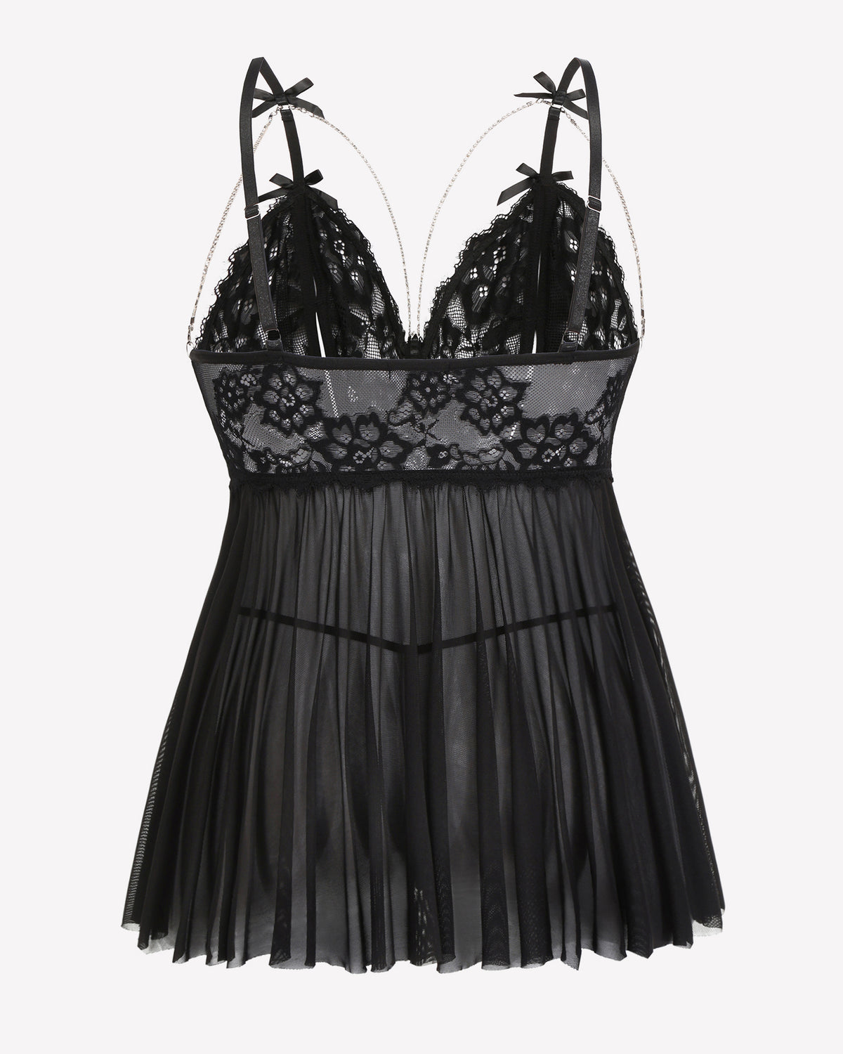 Black lace babydoll nighty lace bodice and bow straps with pleated sheer skirt