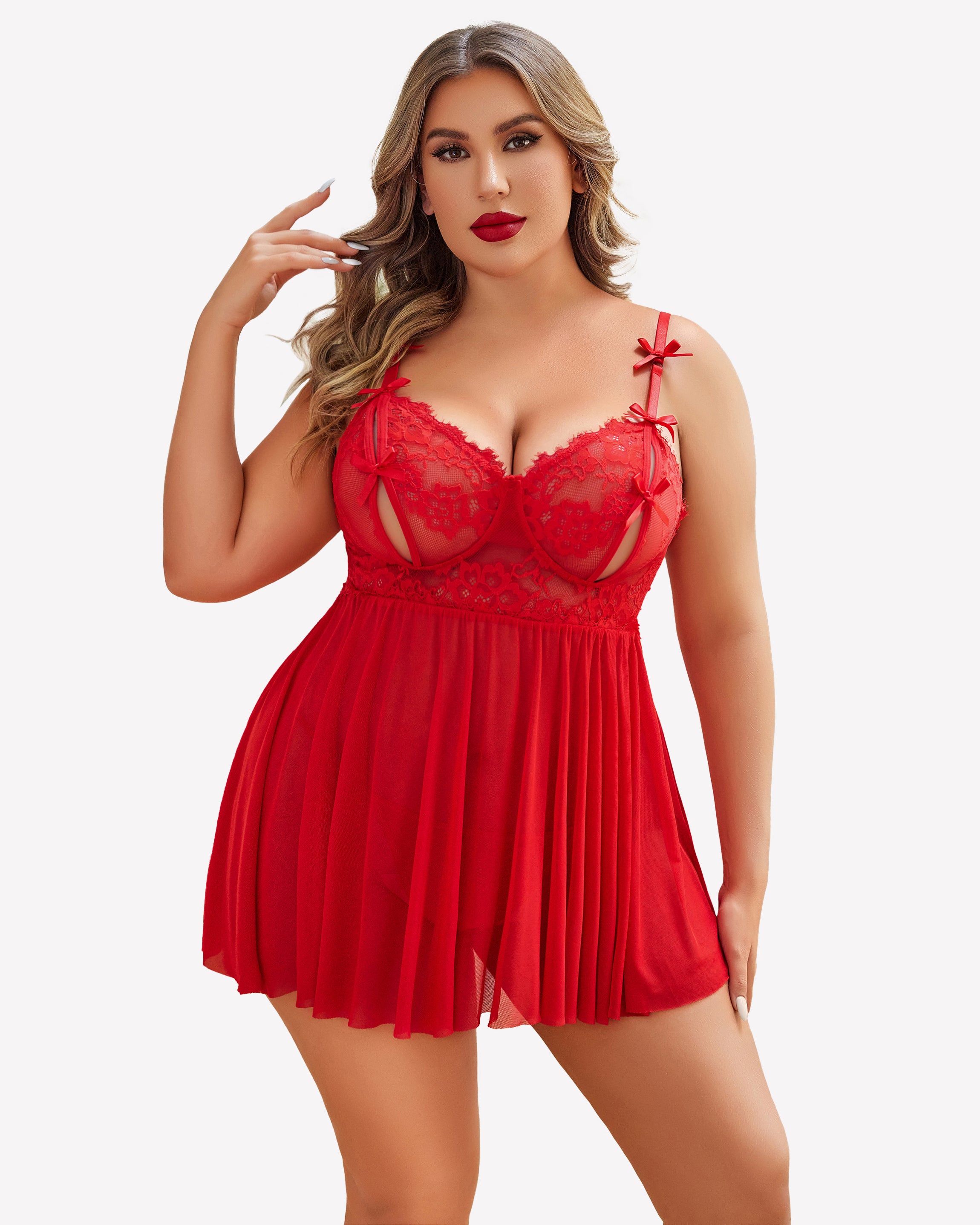 Red lace babydoll nighty with underwire cups, bow straps, and pleated sheer skirt