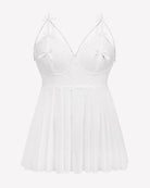 White lace babydoll nighty with sheer pleated skirt and bow-trim underwire cups