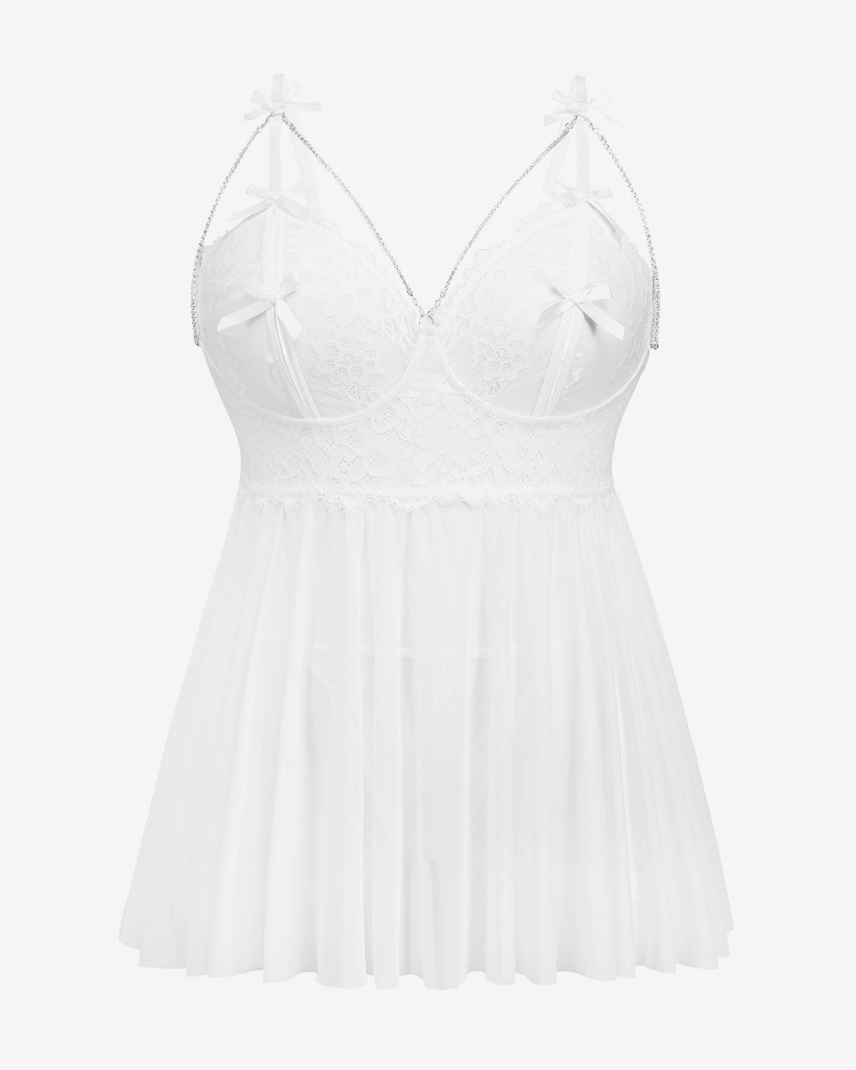 White lace babydoll nighty with sheer pleated skirt and bow-trim underwire cups