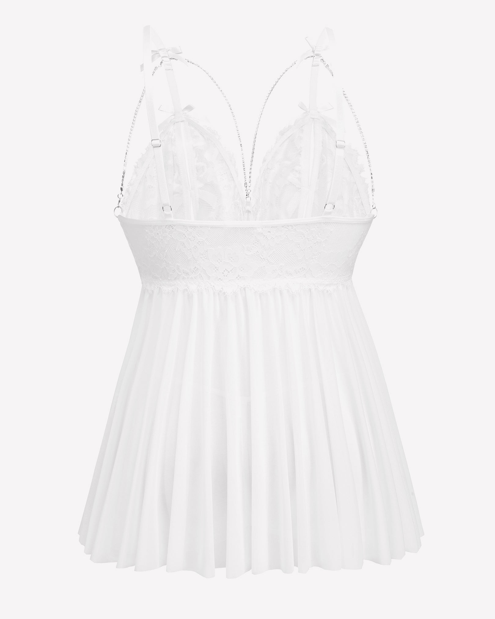 White sheer babydoll nighty with lace bodice, bow straps, and pleated hem