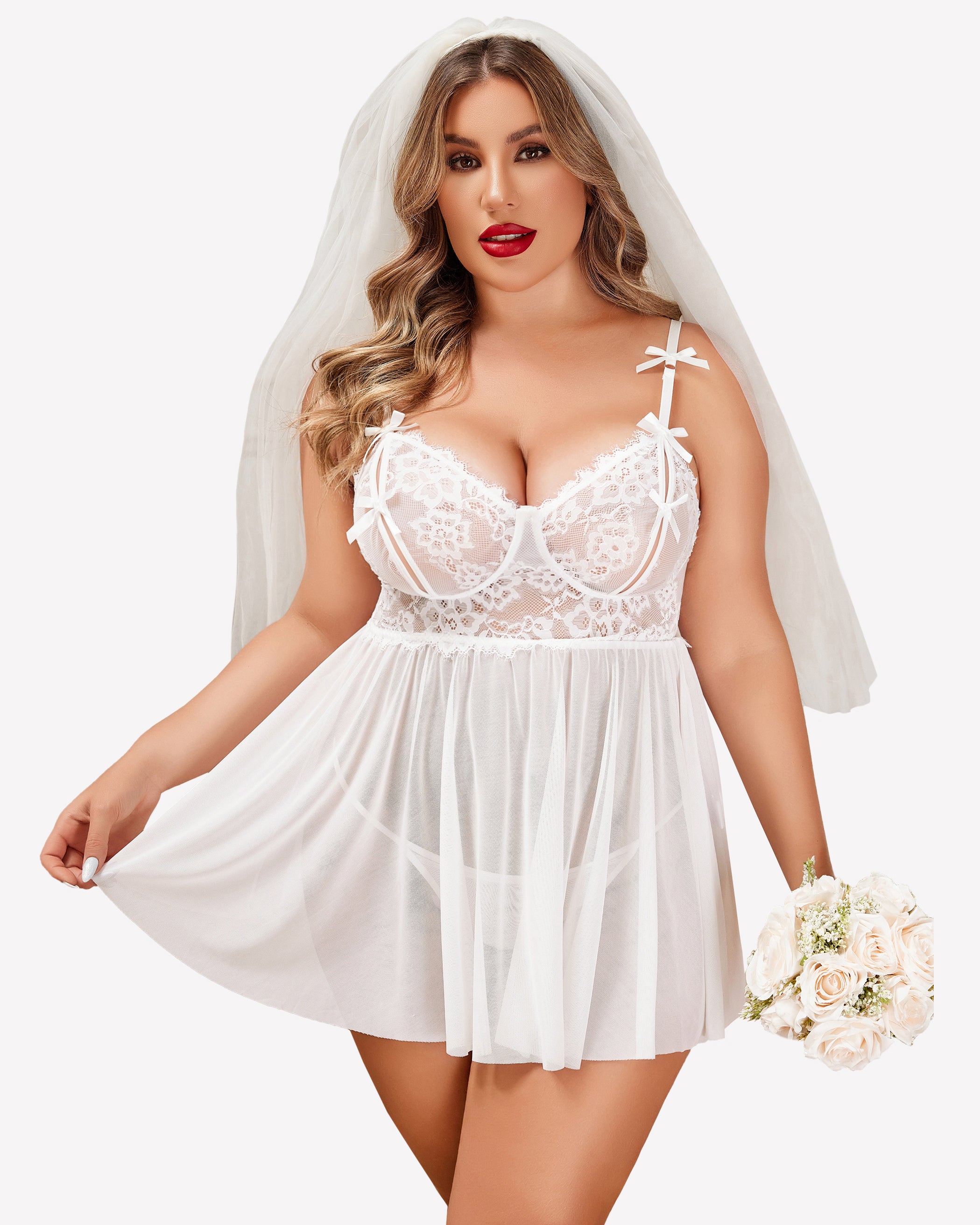 White lace babydoll nighty with underwire cups, bow straps, and flared sheer skirt
