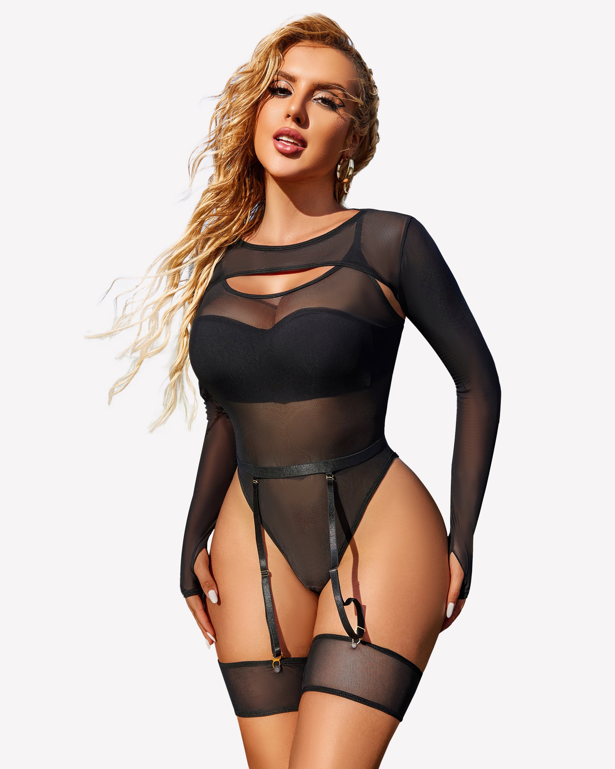 Black sheer long-sleeve bodysuit teddy with cutout neckline and garter straps