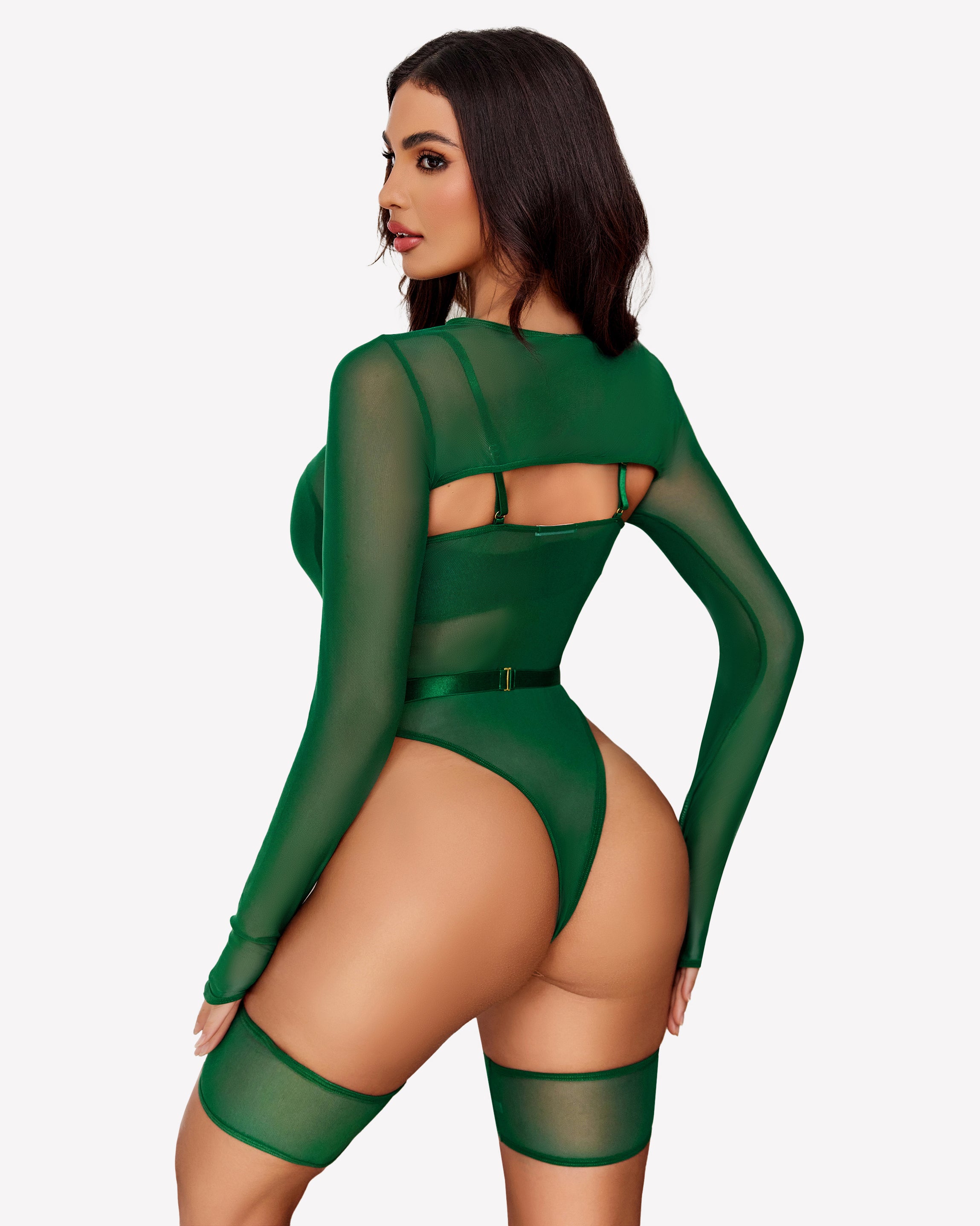 Green sheer long-sleeve teddy with back opening and thigh garter straps