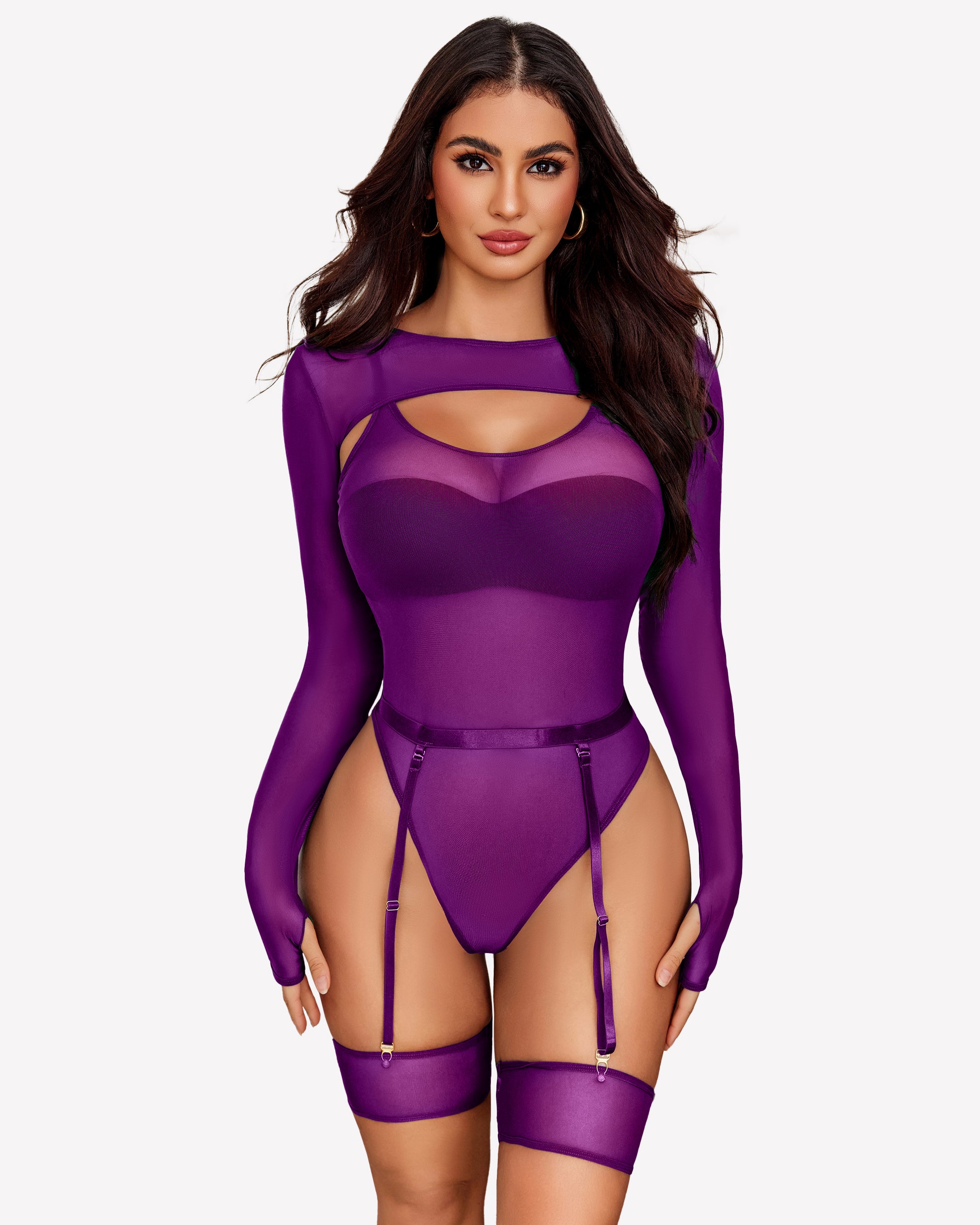 Purple long-sleeve mesh teddy with chest cutout, thong bottom, and garters