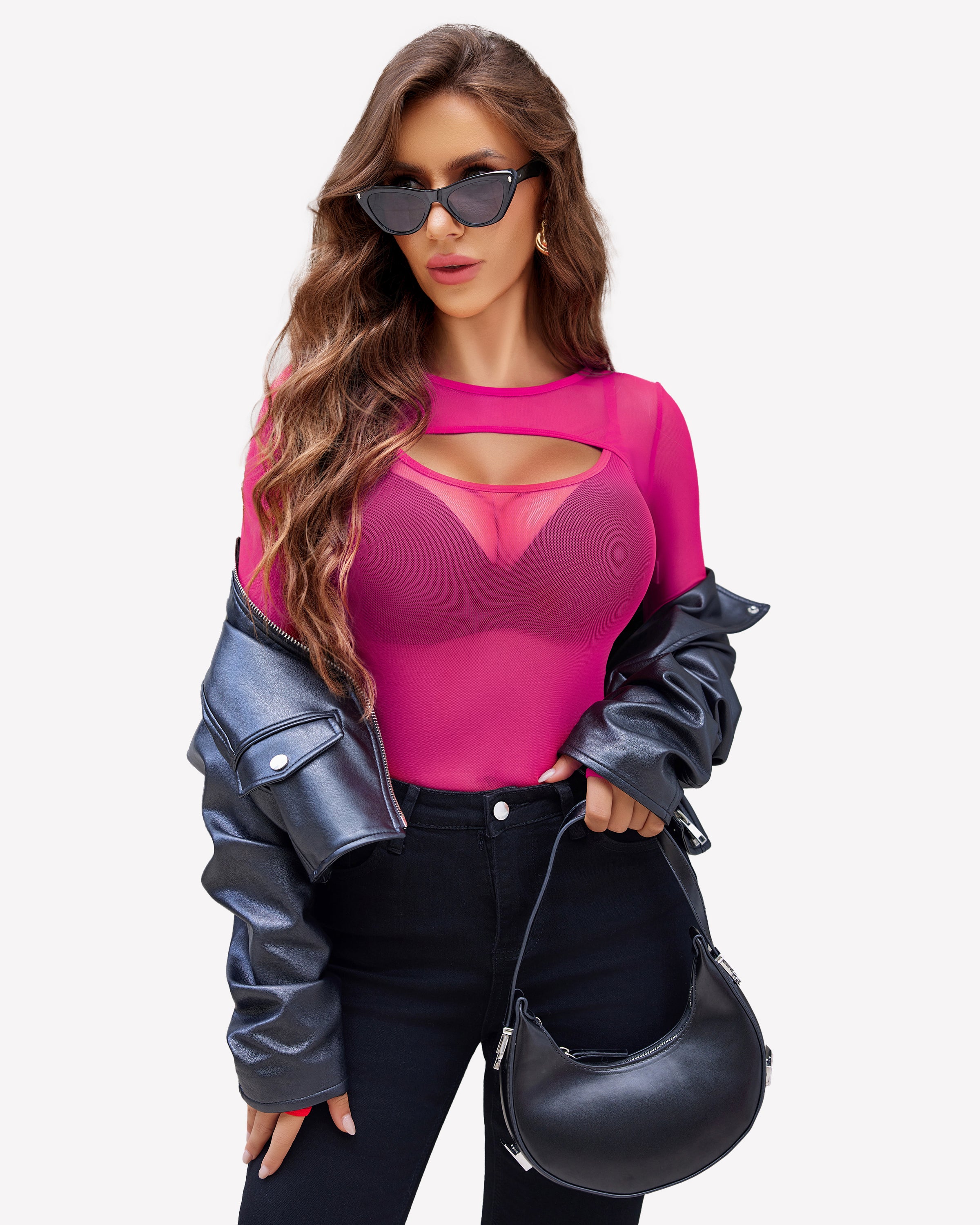 Sheer long-sleeve mesh bodysuit with chest cutout and thong straps, pink