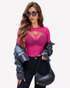 Sheer long-sleeve mesh bodysuit with chest cutout and thong straps, pink