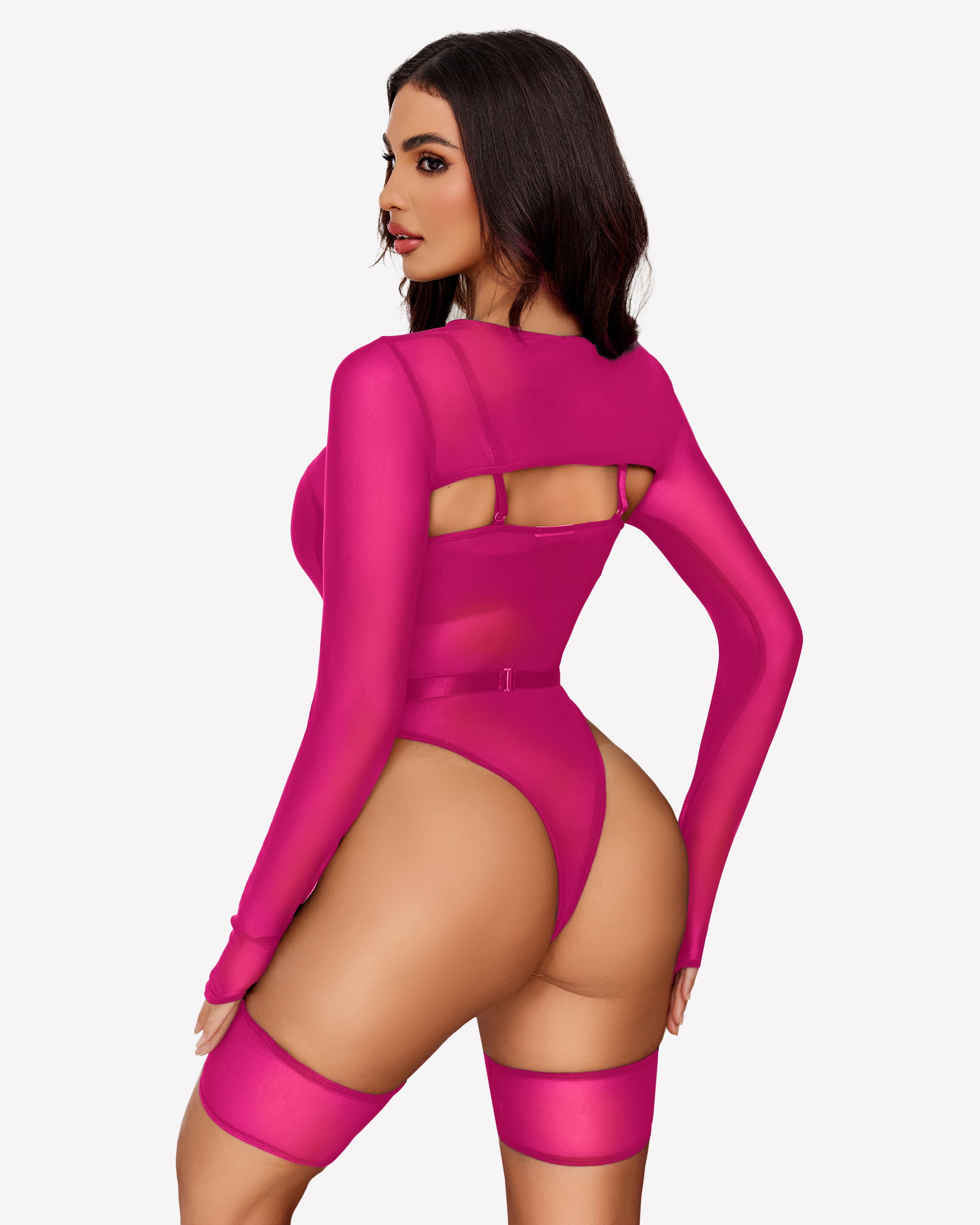 Sheer long-sleeve mesh bodysuit with open back cutout, pink