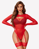 Sheer long-sleeve mesh bodysuit with cutout neckline and garters, red